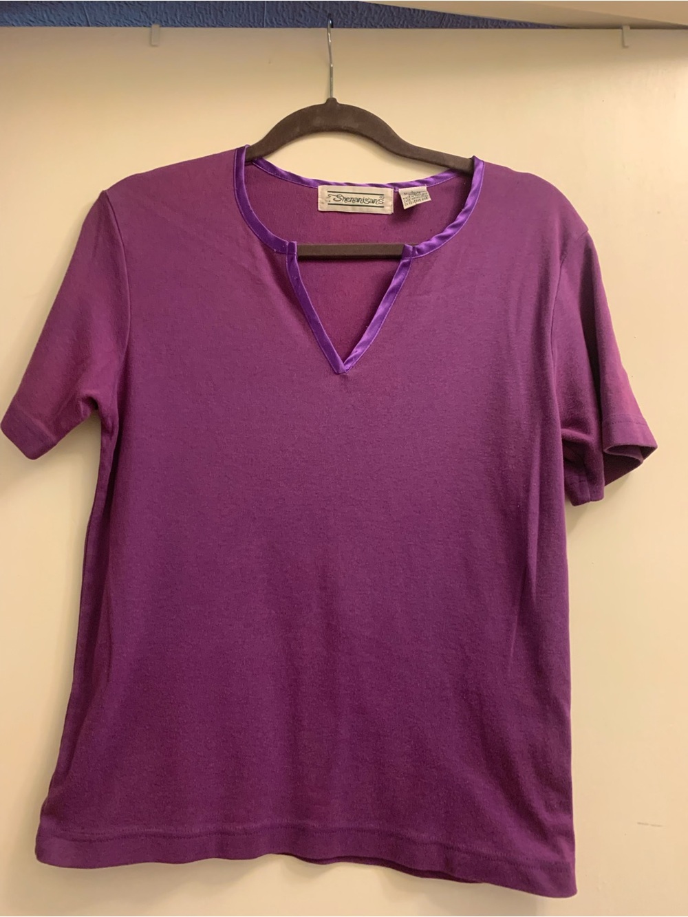 Purple Short-Sleeve Tee with Satin-Trim V-Notch
